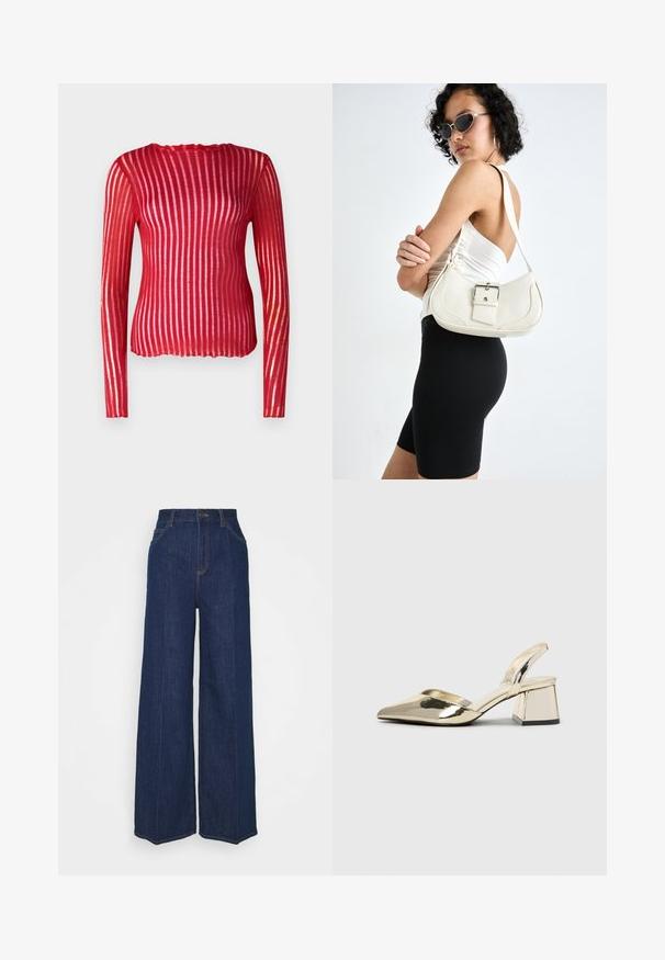 Piros, hosszú ujjú, testhez simuló felső, vertikális áttetsző csíkokkal, fodros nyakkivágással és bordázott textúrával, könnyű anyagból készült.; Magas derekú, széles szárú sötétkék farmernadrág elöl és hátul zsebekkel, gombos záródással és látható varrási részletekkel.; Arany, fémből készült slingback sarkú cipők hegyes orral és vastag sarokkal. Simaság, minimalista design és keskeny pánt jellemzi.; Fehér bőr kézitáska ívelt formával, állítható pánttal és egy kis csattal. A modellen fitted fekete ruha van.