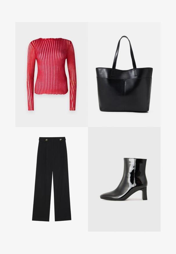 Crvena uska majica dugih rukava s vertikalnim prozirnim prugama, oštrim dekolteom i rebrastom teksturom, napravljena od lagane tkanine.; Crne hlače širokih nogavica s visokim strukom, s dugmadi na pojasu i prednjim nabora.; Crne lakirane kožne gležnjače s šiljastim prstom i srednje visokom blok petom. Glatka tekstura i minimalistički dizajn.; Crna kožna torba s dugim ručkama, glatkom teksturom i strukturiranim oblikom. Ima prednju džep za dodatno pohranu.