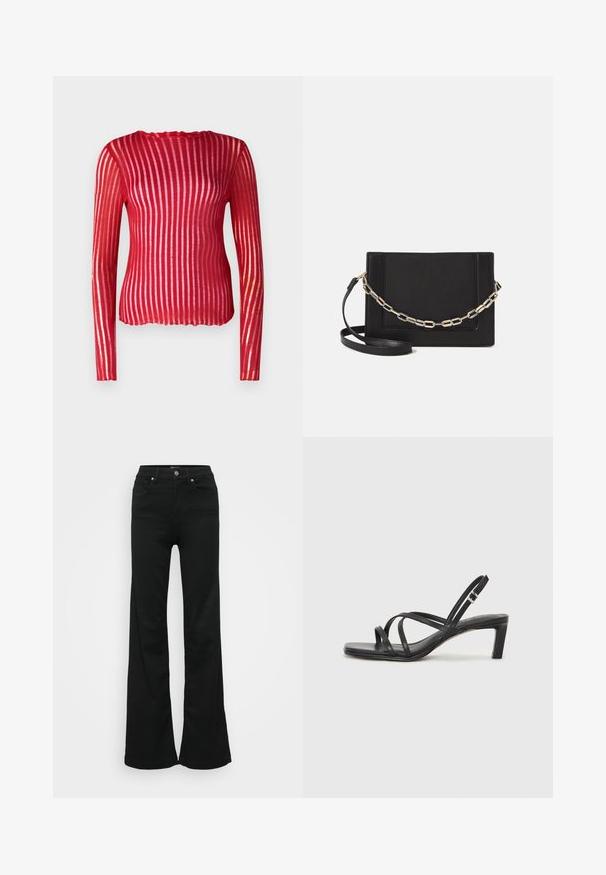 Red long-sleeve fitted top with vertical sheer stripes, scalloped neckline, and ribbed texture, made from lightweight fabric.; Black flared jeans made from denim, featuring a high waist, five pockets, and metal button closure. Smooth texture with minimal detailing.; Black strappy sandal with a square toe and a low block heel. Features multiple thin straps and an adjustable ankle strap. Made of smooth leather.; Black leather crossbody bag featuring a smooth texture, rectangular shape, and a metallic chain detail on the front. Adjustable strap included.; Silver double-band ring with a smooth, polished surface. Features a fluid, curved design with overlapping sections for a modern look.