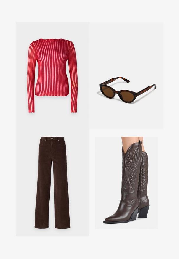 Röd långärmad kroppsnära topp med vertikala genomskinliga ränder, scallopad halsringning och ribbad textur, tillverkad av lättviktsmaterial.; Vero Moda VMTESSA WIDE PANTS - Tygbyxor - chocolate torte; Bruna lädercowboystövlar med spetsig tå och klossklack, med detaljerad sömnad och upphöjda accenter på skaftet.; Bruna sköldpadds-solglasögon med en vintage kattöga-form och bruna linser. Har böjda glasögonarmar med röda accenter.; Liten gräddfärgad handväska med en strukturerad finish, en lång justerbar rem, en kedjedetalj och en klaffstängning. Guldfärgad hårdvara.