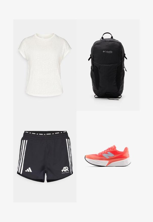 T-shirt bianco a maniche corte con motivo floreale testurizzato, scollo rotondo e vestibilità rilassata. Realizzato in tessuto morbido e leggero.; Pantaloni da corsa neri con design a tre strisce bianche, elastico in vita con il testo "RUNNING" e logo "AR" in basso a sinistra.; Scarpa da corsa leggera in un vivace corallo con tomaia in rete e logo argentato. Suola intermedia bianca con texture distintiva e suola esterna in gomma nera.; Zaino Columbia Titanium nero con una texture di tessuto liscia, tasche laterali, maniglia superiore e spallacci regolabili. Design minimalista con branding discreto.