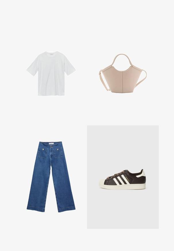 Biała koszulka z krótkim rękawem, wykonana z miękkiego materiału. Okrągły dekolt, luźny krój i bez widocznych wzorów czy akcentów. Prosty, uniwersalny design.; Jeans dżinsowe o szerokich nogawkach w średnim niebieskim odcieniu, z dwiema przednimi kieszeniami zapinanymi na guziki oraz przeszyciami wzdłuż dołów nogawek.; Niskie trampki Adidas Superstar z ciemnobrązowej skóry z kremowym noskiem w kształcie skorupy, białymi paskami i napisem „Superstar” po boku.; Beżowa skórzana torebka o unikalnym kształcie, z dwoma krótkimi uchwytami i długim, regulowanym paskiem. Gładka tekstura z minimalną ilością elementów metalowych.