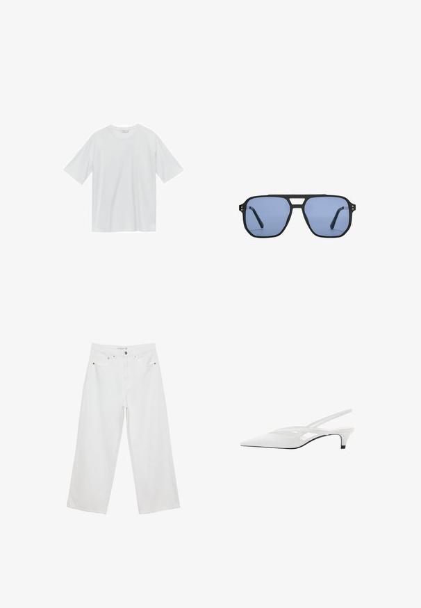 Vitt kortärmat t-shirt i mjukt material. Rund halsringning, avslappnad passform och inga synliga mönster eller detaljer. Enkelt, mångsidigt mönster.; Vita vida jeans i denim med hög midja, med fem fickor och metalldetaljer. Slät textur, inga synliga mönster.; Vit slingback-häl med spetsig tå, med en slät ovandel, subtila utskärningar och en låg blockklack. Svart sula framhäver designen.; Stradivarius RETRO - Solglasögon - light blue