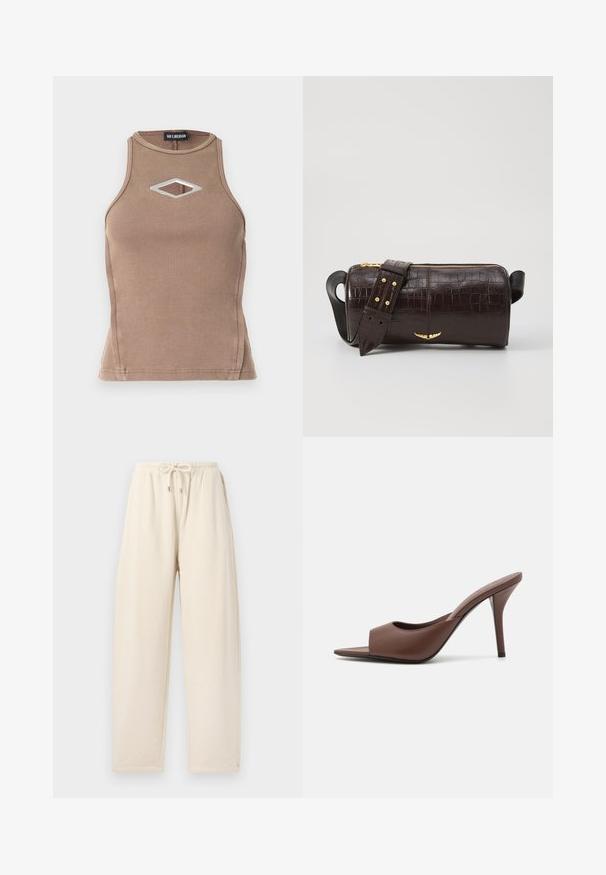Smeđi rebrasti majica bez rukava s okruglim izrezom i dijamantnim izrezom sa detaljima od srebrne boje.; Pantalone trenirke krem boje izrađene od mekog materijala, s elastičnim pojasom na vezanje, širokim krojem i bočnim džepovima.; Smeđe kožne mule s visokom potpeticom i otvorenim prstima, s elegantnim dizajnom, širokim prednjim remenom i vitkom stiletto potpeticom.; Smeđa torba od kože s embosiranim krokodilskim uzorkom, cilindričnog oblika, zlatne hardverske detalje i odvojivu naramenicu sa čavlima.