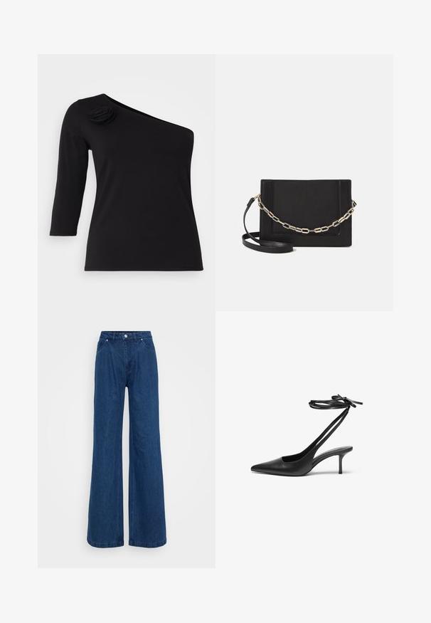 Top preto, com os ombros à mostra e mangas três quartos, apresentando uma rosa decorativa em tecido no ombro esquerdo, feito de material suave e elástico.; Jeans de ganga azuis de perna larga com uma cintura alta, fecho frontal por botão e zip e bolsos dianteiros e traseiros sobre um fundo plain.; Shoe stileto de couro preto com bico fino, parte traseira aberta e tiras de tornozelo atadas em um laço. Salto fino de 7,5 cm. Textura suave, design minimalista.; Bolsa crossbody de couro preto com uma textura suave, forma retangular e um detalhe em corrente metálica na frente. Inclui uma alça ajustável.