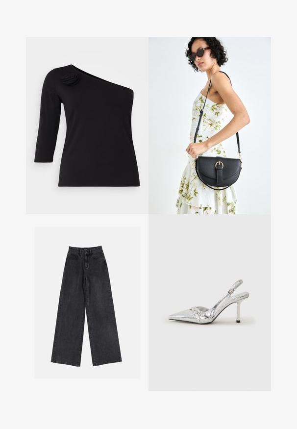 Top nero, con spalle scoperte e maniche a tre quarti, caratterizzato da una rosa di stoffa decorativa sulla spalla sinistra, realizzato in materiale liscio e elasticizzato.; Jeans in denim neri a gamba larga con vita alta, design classico a cinque tasche e una leggera scoloritura. Tessuto resistente con una texture liscia.; Scarpe con tacco alto slingback argento con punta affusolata, finitura metallica, due cinturini decorativi e un tacco sottile con punta nera.; Borsa a tracolla nera in pelle con una forma curva, manico rimovibile e accessori dorati. La borsa presenta una patta con un dettaglio a fibbia.