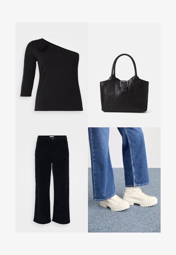 Svart avskåren topp med trekvartslange ermer, med en dekorativ stoffrose på venstre skulder, laget av glatt og elastisk materiale.; Sorte cordfløyelsbukser i svart, med rett ben-design, frontlommer, knapp- og glidelås-lukking, samt en myk, teksturert finish.; Hvite høyhælte joggesko med tykke, rillede såler og sirkulær logo detalj, brukt med lyseblå, vide denim jeans.; Svart skinn toteveske med jevn tekstur, strukturert form, to håndtak og en fremtredende sølvspenne foran.