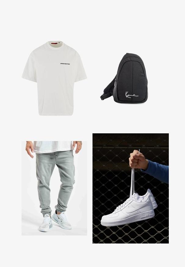Bela bomba majica s kratkimi rokavi in ohlapnim krojem. Na prsih je v debelem črnem pisanju beseda "PREPOVEDANO". Ima okroglo ovratnico.; Svetlo sivi jogger hlače z rebrastimi členki, izdelane iz mehke tkanine. V kombinaciji z belimi športnimi čevlji z črnimi detajli.; Bela usnjena športna obutev s perforacijami, okroglo konico, ravnim podplatom in debelimi vezalkami, z vidnim logotipom smoosh in napisom "AIR" na peti.; Črn tkaninski sling nahrbtnik z gladko teksturo, ki ima obliko lokov, z zip zapiranjem in belim logotipom na sprednji strani.