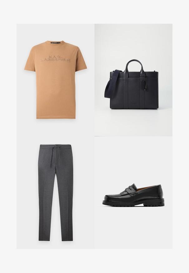 Brun bomullst-shirt med korta ärmar, med broderad text "KARL LAGERFELD" i en något ljusare nyans på framsidan.; Mörkgrå taperade byxor med elastisk midja och dragsko, med subtila veck framtill.; Svarta läderloafers har en upphöjd söm, två dekorativa remmar på ovansidan och en tjock texturerad sula för ökat grepp.; Mörk marinblå läderportfölj med dubbla övre handtag och avtagbar rem. Utmärkt med strukturerad yta, vertikal sömnad och logotypdetalj.