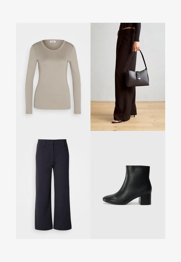 Esprit CREW - Pikkade varrukatega topp - light taupe; Laiad püksid tumedast mereväe kangast. Omavad lamedat esit, vöökohasid ja külgtaskuid. Materjal on sile ja veidi veniv.; Mustad nahast pahkluu saapad terava varbaga ja jämeda kandaga. Sile tekstuur minimaalse aktsentidega ja stiilne, lihvitud disain.; Must musta kott, millel on struktureeritud kuju, sile tekstuur ja metallist klamber. Kombineeritud laiate mustade pükstega ja avatud varvaste sandaalidega puidust põrandal.