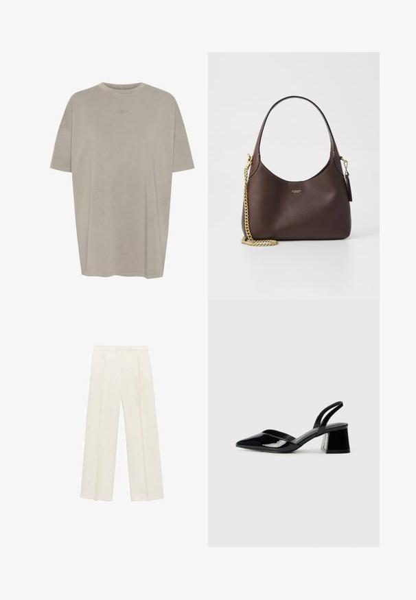 Preveliki majica kratkih rukava u svijetlosivoj boji, izrađena od mekog materijala. Ima okrugli izrez i utisnut logo na prsima.; Hlače širokog kroja u svijetloj krem boji. Izrađene su od glatkog materijala s plisama sprijeda i bočnim džepovima.; Crne lakirane kožne sandale s otvorenom petom i špicastim vrhom, s geometrijskom blok petom. Imaju elegantan, minimalistički dizajn i glatku teksturu.; COACH BROOKLYN SHOULDER BAG 23 - Ručna torba - maple
