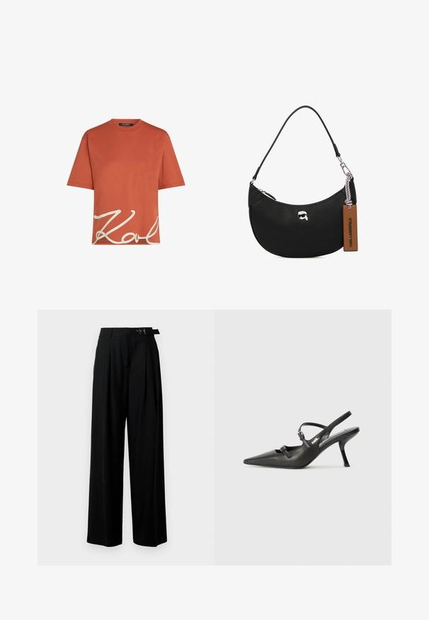 T-shirt in cotone color ruggine con maniche corte e collo rotondo, caratterizzato dalla grafica bianca con la firma "Karl" sul davanti. Texture liscia.; Pantaloni neri a gamba larga con vita alta, pieghe nella parte anteriore e una cintura con fibbia. Realizzati in tessuto liscio e leggero.; Scarpe slingback nere in pelle con punta affilata, tacco sottile e dettaglio decorativo a fibbia sulla tomaia. Texture liscia e design elegante.; Borsa a tracolla nera in pelle con texture martellata, forma curva, chiusura superiore con zip, hardware color argento e un'etichetta marrone. Presenta un accento con logo.