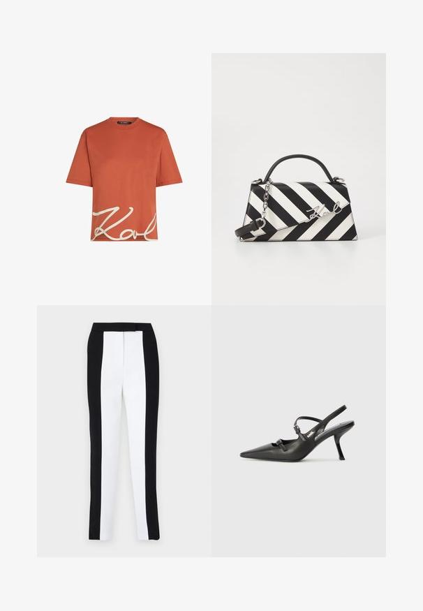 Ruskohottuinen puuvillateeppari, jossa on lyhyet hihat ja pyöreä kaula-aukko, etuosassa valkoinen "Karl" -allekirjoituskuvio. Sileä tekstuuri.; Musta-valkoiset kapenevat housut, joissa on slim fit-malli ja erottuvat paneelit. Kangas on sileä, ja vyötärö on litteä ja hyvin istuva.; Mustat nahkaiset slingback-korkokengät, joissa on terävä kärki, hoikka korko ja koristeellinen solkityyny varpailla. Tasainen pinta ja tyylikäs muotoilu.; Mustikkamustavalkoinen raita käsilaukku, jossa on jämäkkä muoto, ylhäällä oleva kahva, irrotettava ketjuhihna ja metallinen logoelementti.