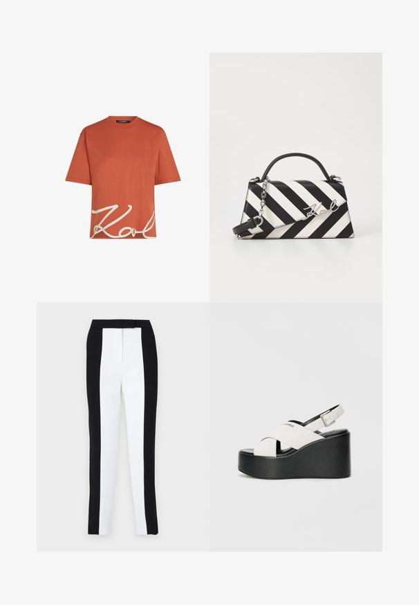 Rostfarget bomull t-skjorte med korte ermer og rund hals, med hvit "Karl" signaturgrafikk på forsiden. Glatt tekstur.; Svart-hvite tapered bukser med smal passform og kontrasterende paneler. Stoffet har en glatt tekstur; midjebåndet er flatt og tettsittende.; Hvite platåsandaler med svart såle, med kryssede stropper og justerbar ankelspenne. Glatt tekstur, moderne fasong.; Svart- og hvitstripet håndveske med en strukturert form, som har et topphåndtak, en avtakbar kjedestropp, og metallisk logo-akcent.