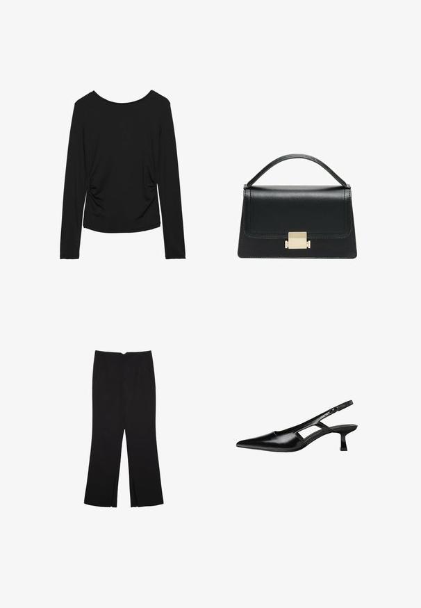 Top nero a maniche lunghe con scollo rotondo, caratterizzato da dettagli arricciati sui lati e un tessuto liscio e elasticizzato. Design minimalista.; Pantaloni neri a gamba dritta, con tasche frontali e spacchi laterali all'orlo. Realizzati in tessuto morbido e liscio. Adatti a diverse occasioni.; Tacchi slingback in pelle verniciata nera con punta affusolata, design con tagli laterali e tacco quadrato piccolo. Texture liscia con dettagli minimi.; Borsa a tracolla in pelle nera con design strutturato, manico superiore e dettaglio in metallo dorato sulla parte frontale. Texture liscia, cuciture minime.