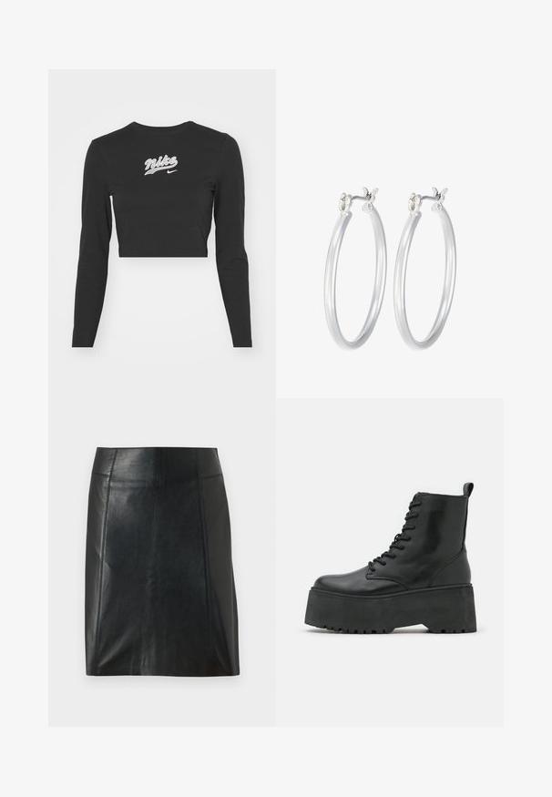 Melnā garām piedurknēm crop top krekls, izgatavots no kokvilnas, ar baltu izšūtu "Nike" logo un svītru uz krūtīm, apaļu kakla izgriezumu un pieguļošu apgriezumu.; Melnas ādas svārki ar pieguļošu dizainu. Gluda tekstūra, šuves izceļ formu un taisna apakšmalu. Minimālistiska un eleganta izskata.; Melni potītes zābaki ar masīvu platformu, izgatavoti no gludas ādas, ar šņorēšanas dizainu un cilpu aizmugurē.; Sudraba riņķveida auss gredzeni ar gludu, pulētu apdari. Apaļa forma un drošs klikšķa augšējais slēgums. Viegls dizains, kas piemērots ikdienas valkāšanai.