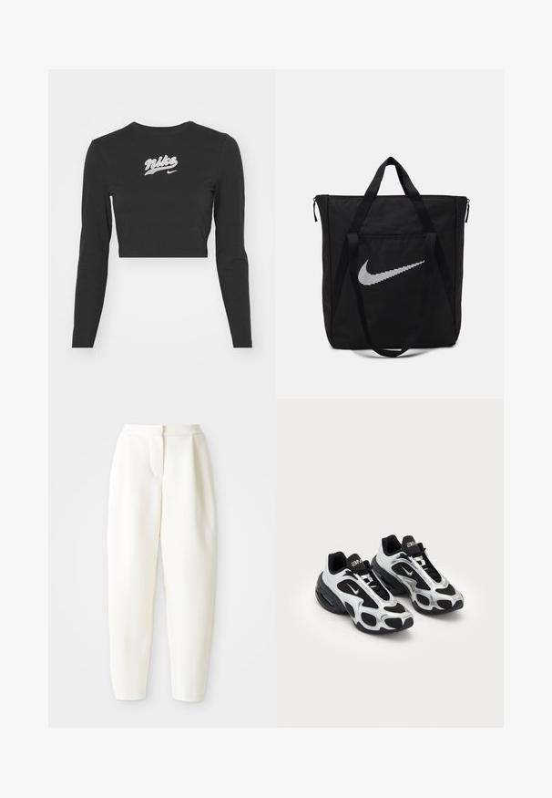 Svart langermet crop topp laget av bomull, med hvit brodert "Nike" logo og swoosh på brystet, rund halslinje og tettsittende design.; Høytlivede, smale hvite bukser med skjult frontlukking og sidelommer, vist mot en ensfarget hvit bakgrunn.; Svarte og sølv atletikksko med overdel i mesh og syntetisk materiale, med et distinkt bølgete design og polstret krage, luftdemping i sålen.; Svart nylon toteveske med to robuste håndtak og glidelås. Har en fremtredende hvit Nike swoosh-logo i et horisontalt stripete design.