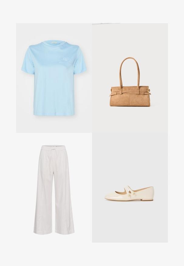 Ljusblå bomullströja med rund halsringning, korta ärmar och broderad "GANT AMERICAN SPORTSWEAR"-logotyp på bröstet.; Vidbyxor i mjukt vitt tyg, med resårmidja och dragsko, slät yta och inga ytterligare dekorationer.; Elfenbenfärgade patenterade läderballerinas med två dekorativa remmar och gyllene knappar, med rund tå och låg blockklack.; Tan mockasinväska med två långa handtag, rektangulär form och dekorativ sömnad. Har en sidremsa och subtila detaljer i guldmetall.