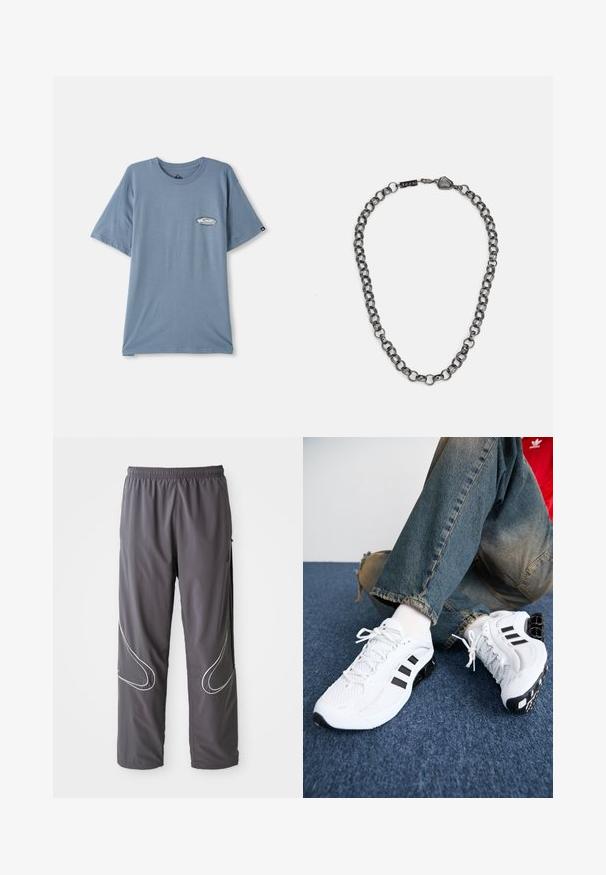 Blå bomulds t-shirt med korte ærmer, rund hals og et lille logo print på venstre brystområde. Blød tekstur, afslappet pasform.; Herrernes grå sportbukser med elastisk linning, lynlåslommer og reflekterende hvide detaljer på siderne. Letvægtig, glat tekstur.; Hvide mesh sportsko med sorte accenter, der har et struktureret design og en særpræget sål, parret med blå denimjeans.; Metal kæde halskæde med forlængede led i en mørk gunmetal farve. Har en geometrisk accent og lås med brandingdetalje.