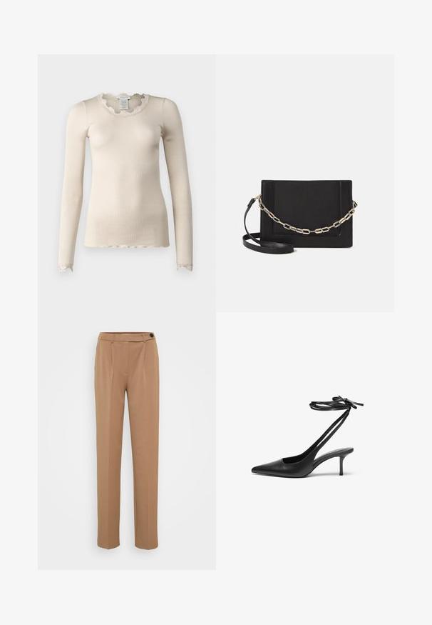 Rosemunde BABETTE - Top dugih rukava - beige; Smeđe krojene hlače ravnog kroja, s jednim kopčanjem i naboranim prednjim dijelom. Glatka tekstura, minimalistički stil.; Crne kožne štikle s šiljastim vrhom, otvorenim leđima i remenčićima koji su vezani u mašnu. Tanak potplat visine 7,5 cm. Glatka tekstura, minimalistički dizajn.; Crna kožna torba preko tijela s glatkom teksturom, pravokutnim oblikom i metalnim lancem na prednjoj strani. Uključena je podesiva naramenica.; Srebrna dvostruka prsten s glatkom, poliranom površinom. Karakterizira ga fluidan, zakrivljen dizajn s preklapajućim sekcijama za moderan izgled.