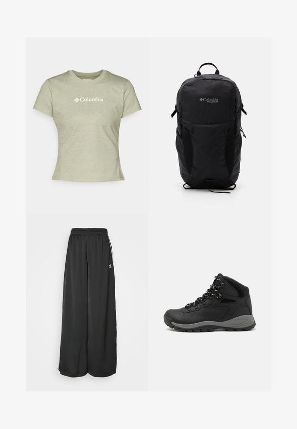 T-shirt verde chiaro a maniche corte realizzato in tessuto a coste, con il logo bianco "Columbia" sul davanti. Collo tondo semplice.; Pantaloni da jogging neri, morbidi e larghi, realizzati in tessuto liscio. Presentano una vita elasticizzata e strisce laterali con accenti di logo.; Stivale da trekking nero con design a metà altezza, dotato di una tomaia texturizzata, accenti grigi e suola in gomma resistente con tasselli per la trazione.; Zaino Columbia Titanium nero con una texture di tessuto liscia, tasche laterali, maniglia superiore e spallacci regolabili. Design minimalista con branding discreto.
