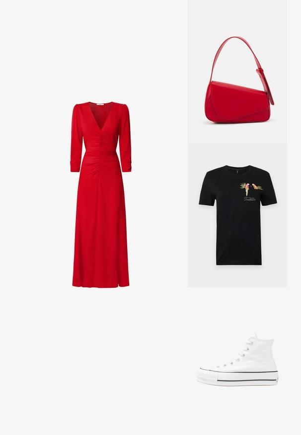 T-shirt de algodão preta com mangas curtas, apresentando uma estampa de bolso com dois pássaros coloridos, folhas tropicais e o texto "Cheio de Amores".; Vestido vermelho com decote em V, mangas até o cotovelo e detalhes drapeados na cintura e nas costas. O tecido parece suave e leve.; Sapatilha alta de tela branca com sola de borracha preta, bico de borracha na frente e seis ilhós para os atacadores, apresentando um design limpo e minimalista.; Bolsa de mão em couro vermelho com um design angular e geométrico. Apresenta uma única alça ajustável e um fecho com aba, com detalhes cosidos.