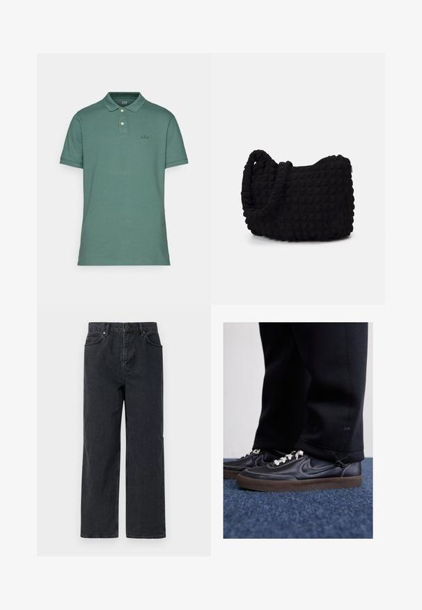 GAP LOGO - Polosärk - forest green; Tumed sinised denimbüksid laia jala, viie tasku disaini ja nööpkinni. Sisaldab vasktooni riistvara ja peent tekstuuri.; Nike Sportswear KILLSHOT 2 LTR PRM OPP2 - Tossud - black sail baroque brown mtlc dk grey; Must mustkott, millel on tekstuuriga tikitud muster. Ümar kuju, lühikesed ja jämedad sangad ning pehme, paindlik struktuur.