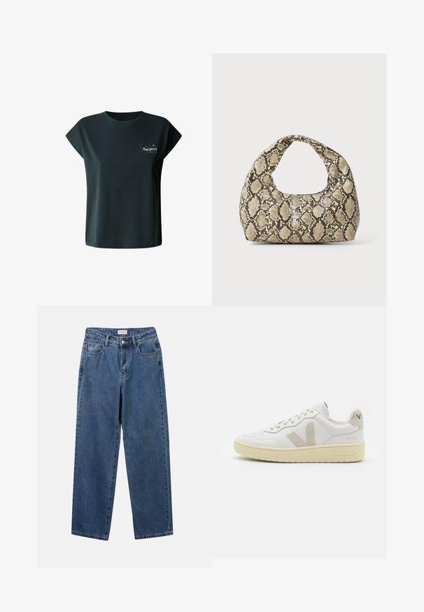 Ciemnozielona koszulka z krótkim rękawem, wykonana z bawełny, z białym nadrukiem "Pepe Jeans London" oraz motywami gwiazdek na lewej stronie klatki piersiowej.; Klasyczne niebieskie dżinsy o prostym kroju, pięć kieszeni i zapięcie na guzik. Charakteryzują się średnim odcieniem i solidną teksturą.; Białe skórzane trampki z beżowymi zamszowymi akcentami, perforowanym noskiem, płaskimi sznurowadłami i teksturowaną kremową podeszwą. Posiadają subtelne logo na pięcie.; Torebka w wężowy wzór z zakrzywionym uchwytem. Wykonana z teksturowanych, beżowych i brązowych materiałów, z charakterystycznym wzorem w diamenty.