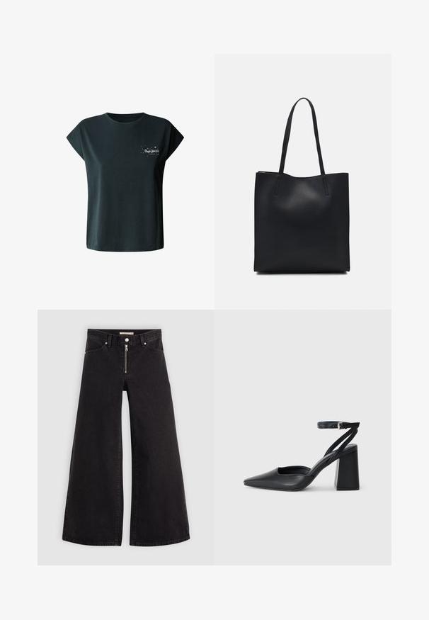 Mørkegrøn kortærmet t-shirt lavet af bomuld med hvidt print af "Pepe Jeans London" og stjerne motiver på venstre brystområde.; Vide ben jeans i sort denim med lynlås foran, fem lomme-design og subtile stikninger. Glat tekstur og afslappet stil.; Sort læder spidse pumps med ankelrem og en chunky hæl. Flad tekstur, slankt design og minimalistisk æstetik.; Sort læder tote taske med glat tekstur, rektangulær form og to lange hanke. Ingen synlig hardware eller udsmykninger.