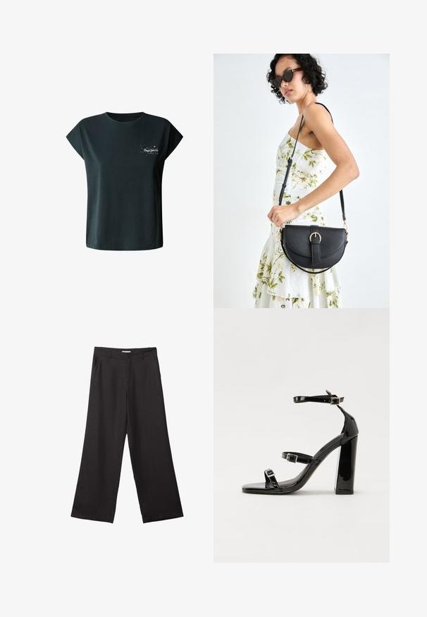 Tmavohnedé tričko s krátkym rukávom vyrobené z bavlny, s bielou potlačou "Pepe Jeans London" a hviezdnými motívmi na ľavej strane hrude.; Čierne široké nohavice vyrobené z hladkej tkaniny, so zipsom vpredu a dvoma bočnými vreckami, s prispôsobeným strihom a minimalistickým dizajnom.; Čierne lakované sandále na podpätku so štvorcovou špičkou, navlečenými remienkami okolo členku a striebornými prackami. Disponujú masívnym blokovým podpätkom pre stabilitu.; Čierna kožená kabelka s zaobleným tvarom, odnímateľným popruhom a zlatými doplnkami. Kabelka má klopu s detailom s prackou.