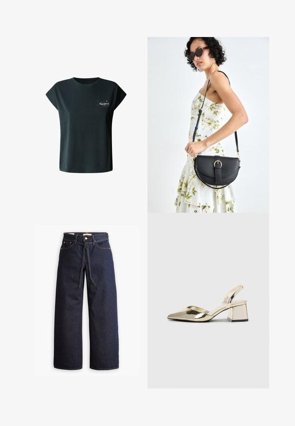 Temno zelena majica s kratkimi rokavi iz bombaža, s belim tiskom "Pepe Jeans London" in motivi zvezd na levem delu prsnega koša.; Široke temno modre kavbojke z visokim pasom, ki imajo vrvico za zavezovanje, pet žepov in kontrastne šive.; Zlati, kovinski slingback čeveljci z ostrim nosom in masivnim peto. Gladka tekstura, minimalistična zasnova in ozka zanka.; Črna usnjena torbica s ukrivljeno obliko, z odstranljivo naramnico in zlatimi dodatki. Torbica ima pokrov s podrobnostmi v obliki zaponke.; Uhane nakit iz zlatastega tona z gladko, ukrivljeno zasnovo. Ima edinstveno koničasto obliko, polirano površino in zaponko s tečajem.
