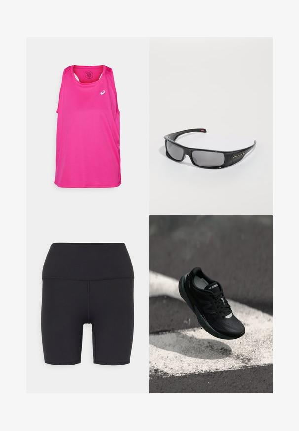 Rožinė sportinė liemenė be rankovių, su apvaliu iškirpimu ir logotipu ant priekinės dalies. Pagaminta iš lengvos, kvėpuojančios medžiagos.; Juodos sportinės šortai, pagaminti iš tamprios medžiagos, su aukštu juosmeniu, lygia tekstūra ir be matomų raštų ar detalių.; Juodas bėgimo batelis su tekstūruotu viršumi, elegantišku dizainu ir atspindinčiomis detalėmis. Yra minkštas, paminkštintas padas patogumui.; Juodos Oakley apvalios saulės akinių su tamsiais stačiakampiais objektyvais ir kreivomis rankenomis ant paprasto balto fono.
