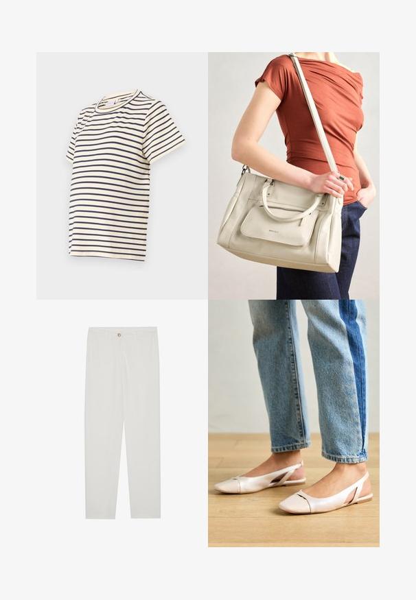 Raidallinen t-paita, joka on valmistettu pehmeästä puuvillasta. T-paidassa on tummansiniset vaakasuuntaiset raidat beige taustalla, pyöreä kaula-aukko ja lyhyet hihat.; Valkoiset, muotoon ommellut housut, joissa on suora lahjerakenne, napillinen sulkeminen, vyölenkit ja sivutaskut; sileä kangas.; Vaaleanpunaiset slingback-ballerinat, joissa on terävä kärki, valmistettu sileästä nahkamaisesta materiaalista. Sivujen leikkuuyksityiskohdat ja tasapohja.; Valkoinen nahkainen käsilaukku, jossa on kaksinkertaiset kahvat ja irrotettava hihna. Edessä on vetoketjullinen tasku ja pinta on sileä. Laukkua kantaa henkilö kyynärvarressaan.