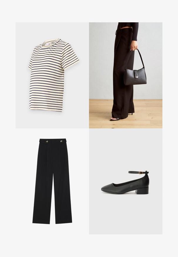 Randig T-shirt i mjuk bomull, med marinblå horisontella ränder på en beige bakgrund, rund halsringning och korta ärmar.; Svarta vida byxor med hög midja, knäppdetaljer i midjan och framfickor.; Svart läderpump med spetsig tå och en låg klack. Har en ankelsnodd med en guldtonad spänne. Slät textur.; Svart handväska med strukturerad form, slät yta och metallspänne. Matchad med vida svarta byxor och sandaler med öppen tå på trägolv.