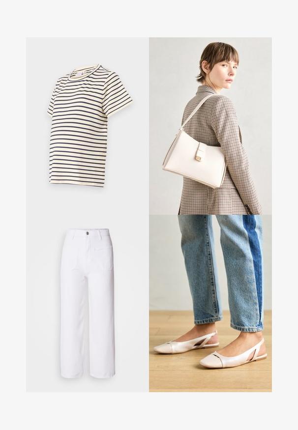 Stribet T-shirt lavet af blødt bomuld, med marineblå vandrette striber på en beige baggrund, rund halsudskæring og korte ærmer.; Hvide denim bukser med bred ben, knaplukning, bæltestropper, to forlommer og en enkelt baglomme. Holdbart og struktureret stof.; Lyserøde slingback flade sko med spidse tær, lavet af et glat læderlignende materiale. Har udskæringsdetaljer på siderne og en flad hæl.; Hvid læder håndtaske med en struktureret design, der har en magnetlukning og en skulderrem, præsenteret mod en neutral baggrund.