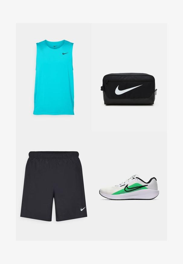 Turkos ärmlös tränings-topp tillverkad av ventilerande tyg, med en svart Nike-logotyp på bröstet och rund halsringning.; Svarta träningsshorts gjorda av lätt material med elastisk midja. Har en liten vit Nike-logotyp på nedre vänstra sidan.; Vit sportskor med grön accent, svart logotyp, mesh-överdel, vadderad sula och rundad häl. Har snörning och kontrasterande detaljer.; Svart Nike toalettväska med en slät yta, utrustad med en vit swoosh-logga, hög zip-stängning och en sidoficka.