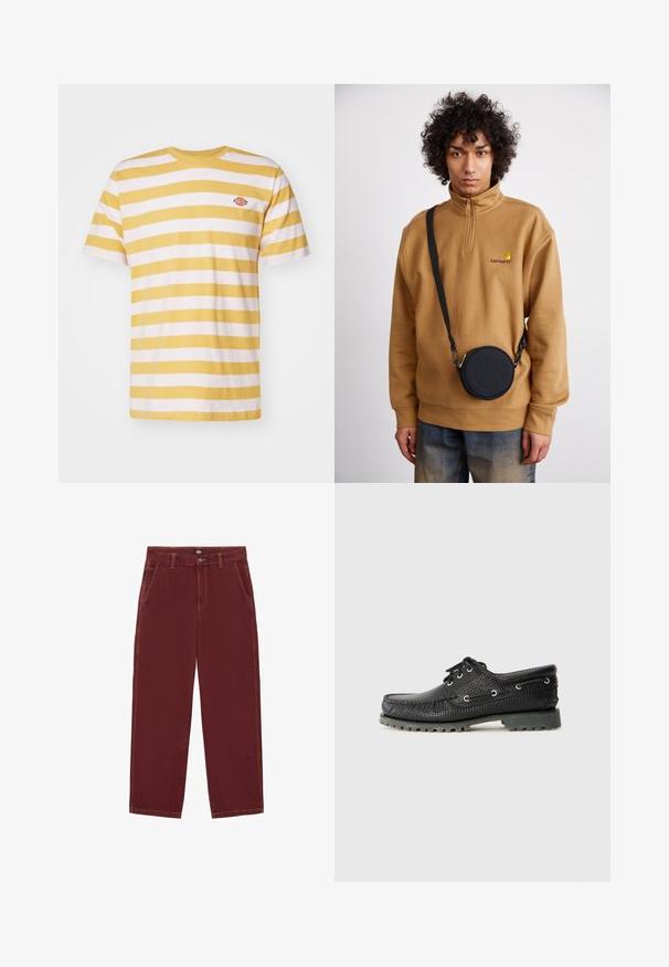 Camiseta de rayas amarillas y blancas, de mangas cortas y cuello redondo, con un pequeño logotipo en el pecho.; Pantalones de pierna ancha burdeos con una cintura alta, acabado limpio, cinco bolsillos y costuras naranjas visibles. Fabricados con un material de denim resistente.; Zapato negro de textura con cordones, puntera redonda, ojales de metal y suela de goma gris rugosa. Presenta un patrón tejido en la parte superior.; Sudadera de forro polar marrón con cremallera de un cuarto y logo bordado, combinada con un bolso negro tipo bandolera con cremallera y detalle del logo, usado sobre unos vaqueros.