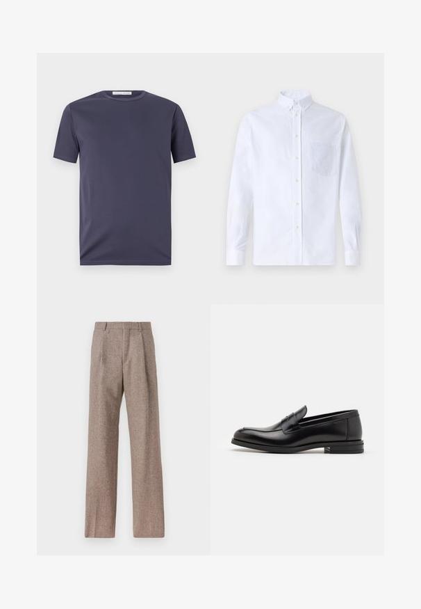 Tumedate sinise värviga lühikeste varrukatega T-särk, mis on valmistatud siledast kangast. Omab ümarat kaelaauku ja tagasihoidlikku õmblusdetaili. Minimalistlik disain ilma mustriteta.; Valge pikamaa varrukatega nööbiga särk, mis on valmistatud puuvillast ja millel on rinna tasku toon-toonis brodeeringuga, krae ja nööbiga mansetid.; Prunnid, kõrge vöökohaga püksid, mis on valmistatud tekstureeritud kangast. Omavad laiu jalgu ja kahte eesmist voldikut struktuuri jaoks. Korralik viimistlus, ilma nähtava riistvarata.; Mustad mustad nahast loafers sileda tekstuuriga, ümarat ninaosa ja dekoratiivne riba vampi üle. Madal kihiline konts, minimalistlik disain.