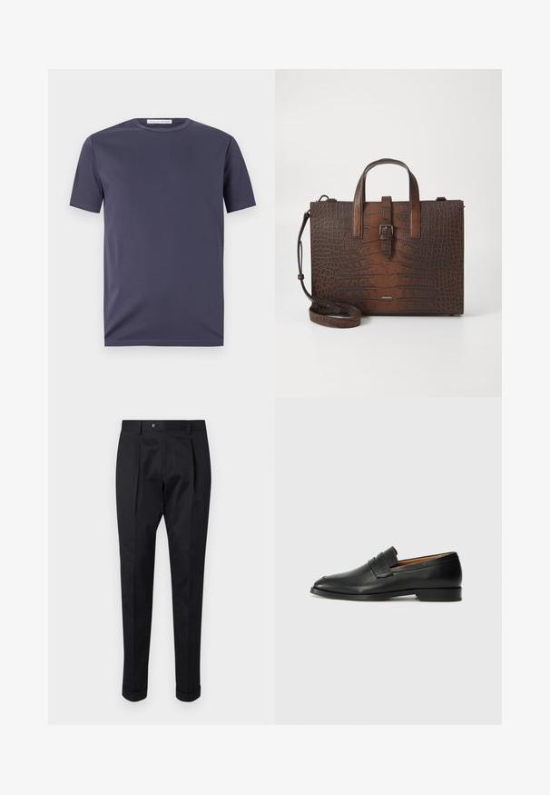 Námořnická modrá polokošile s krátkým rukávem vyrobená z hladkého materiálu. Obsahuje kulatý výstřih a jemné švy. Minimalistický design bez vzorů.; Černé kalhoty z hladkého materiálu s pukem vpředu, zapínáním na knoflík a ohrnutými manžetami u kotníků.; Černé kožené mokasíny s kulatou špičkou, jemným prošíváním a nízkým podpatkem, s hladkým povrchem a minimalistickým designem.; Hnědá kabelka z krokodýlí kůže s embosováním, s horními uchy a odnímatelným ramenním popruhem. Disponuje sponou na zavírání a obdélníkovým tvarem.
