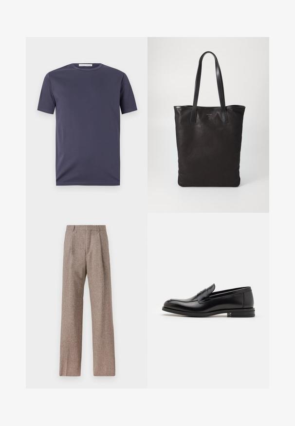 Tumedate sinise värviga lühikeste varrukatega T-särk, mis on valmistatud siledast kangast. Omab ümarat kaelaauku ja tagasihoidlikku õmblusdetaili. Minimalistlik disain ilma mustriteta.; Prunnid, kõrge vöökohaga püksid, mis on valmistatud tekstureeritud kangast. Omavad laiu jalgu ja kahte eesmist voldikut struktuuri jaoks. Korralik viimistlus, ilma nähtava riistvarata.; Mustad mustad nahast loafers sileda tekstuuriga, ümarat ninaosa ja dekoratiivne riba vampi üle. Madal kihiline konts, minimalistlik disain.; Mustmust kott mustade nahkade käepidemetega. Lihtne disain, avar keha ja sile tekstuur. Pole nähtavaid logosid ega mustreid.