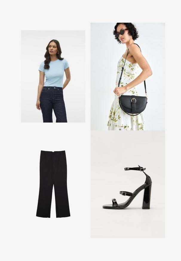 Svetlo modra rebrasta majica s kratkimi rokavi, okroglim izrezom in prilegačim dizajnom, kombinirana s temnimi visokim pasom.; Črne hlače ravnega kroja z naglavnimi žepi in stranskimi razporki na robu. Narejene iz mehke, gladke tkanine. Primerne za različne priložnosti.; Črne lakirane sandale s peto, kvadratnim prstom, trakovi okrog gležnja in srebrnimi zaponkami. Opremljene so s stabilno Debelo peto.; Črna usnjena torbica s ukrivljeno obliko, z odstranljivo naramnico in zlatimi dodatki. Torbica ima pokrov s podrobnostmi v obliki zaponke.