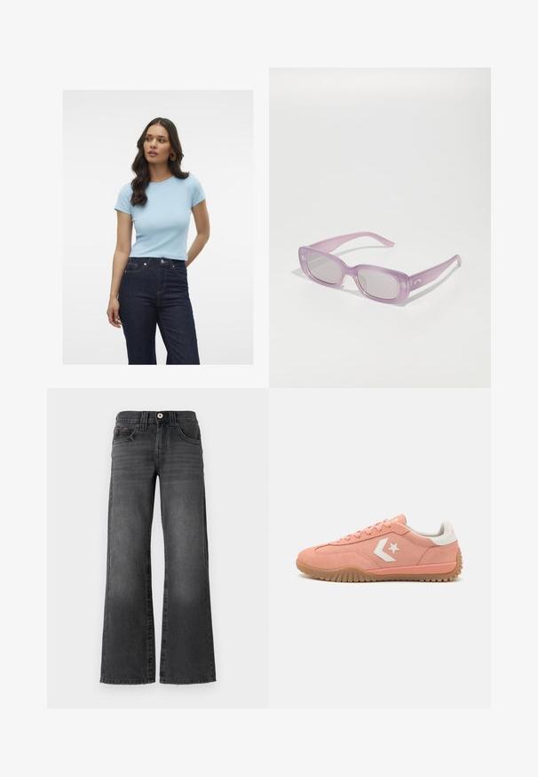 Svetlomodré rebrované tričko s krátkymi rukávmi, okrúhlym výstrihom a priliehavým strihom, skombinované s tmavými džínsami s vysokým pásom.; Džínsy s voľným strihom v tmavosivej džínovine. Obsahujú päť vreciek, gombíkový uzáver a jemné vyblednutie látky. Klasické prešitie ako akcent.; Ružové semišové tenisky s bielymi akcentmi, šnurovací dizajn, textúrovaná gumená podrážka a logo hviezdy na boku. Nízky profil a ľahké.; Fialové, obdĺžnikové slnečné okuliare s priesvitným rámom, sivými sklami a decentným logom na strane; hladký povrch, minimálny hardvér.