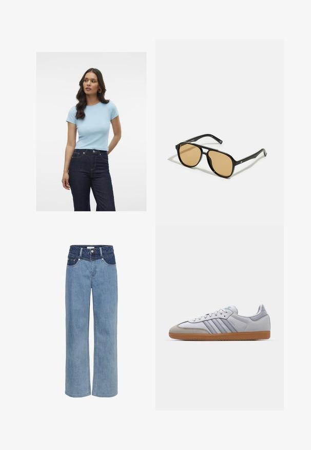 Svetlomodré rebrované tričko s krátkymi rukávmi, okrúhlym výstrihom a priliehavým strihom, skombinované s tmavými džínsami s vysokým pásom.; Svetlomodré riflové nohavice s širokými nohavicami, vysokým pásom, piatimi vreckami a kontrastným tmavomodrým záplatou vpredu.; Biele kožené tenisky s svetlomodrými akcentmi, sivým semišovým špičkou a hnedou gumovou podrážkou. Obsahujú tri modré pruhy a branding "Samba".; Čierne slnečné okuliare s hnedými farebnými šošovkami; obdĺžnikový tvar s hrubým rámom, vrátane jemných kovových akcentov na stranách.