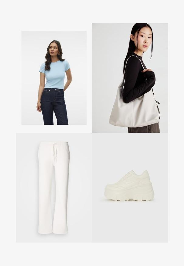 Ljusblå ribbad t-shirt med korta ärmar, rund halsringning och figursydd design, kombinerad med mörka högmidjade jeans.; Vita, avslappnade sweatpants i mjukt material, med elastisk midja och dragsko samt raka ben.; Vita plattformssneakers med en slät läderliknande överdel, rundad form, vadderad krage och texturerad gummisula med definierade mönster.; Beige handväska tillverkad av mjukt material, med en avslappnad design, sydda detaljer och två axelremmar. Lämplig för dagligt bruk.
