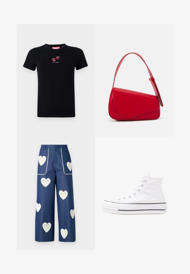 Must soe must t-särk, millel on lühikesed varrukad, ümmargune kaelus ning tikitud maasikad koos tekstiga "Let's chill out" valge värviga.; Sister Jane HEART TO HEART - Sirgete säärtega teksad - blue denim; Valge kõrgem kangast tenniseking, millel on must kummist tald, ees kummist varvasetugi ja kuus aukku paelte jaoks, pakkudes puhta ja minimalistliku disaini.; Punane nahast käekott, millel on nurkadega geomeetriline disain. Omab ühte reguleeritavat rihma ja klappidega sulgemist, millel on õmblustega kaunistused.