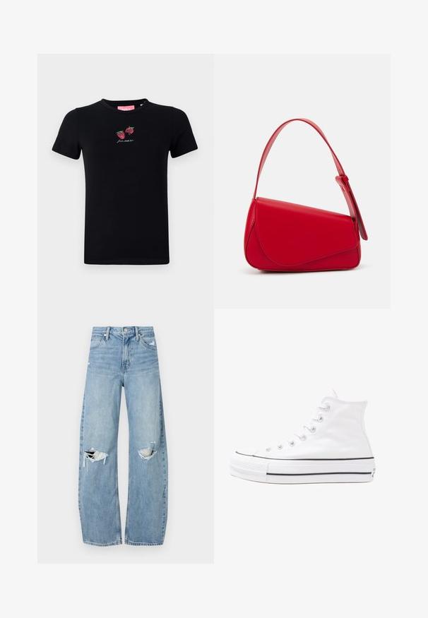 Black cotton t-shirt featuring short sleeves, a round neck, and embroidered strawberries with text "Let's chill out" in white.; Light blue, high-waisted jeans made of denim. Feature wide legs, two torn knee areas, and classic five-pocket styling.; White high-top canvas sneaker with black rubber sole, front rubber toe cap, and six eyelets for laces, featuring a clean, minimalist design.; Red leather handbag with an angular, geometric design. Features a single adjustable strap and a flap closure with stitched detailing.