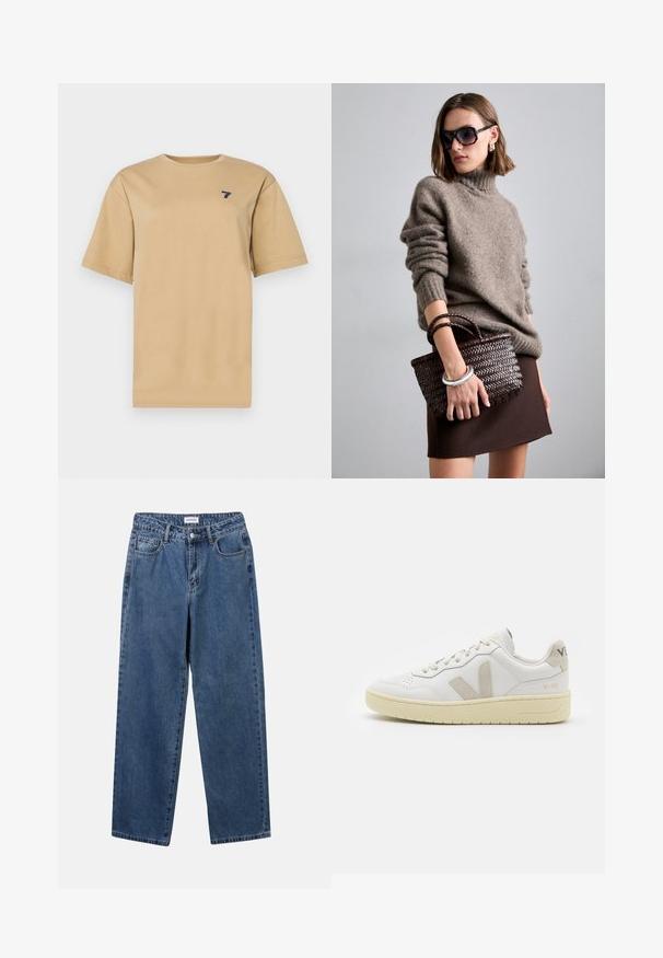 Beige bomullströja med rund halsringning och korta ärmar. Har en liten marinblå "7" logotyp på vänster bröstområde.; Klassiska blå denimjeans med rak benform, fem fickor och knäppning. Har en medelblå tvättning och stadig textur.; Vita lädersneakers med beige mockadetaljer, perforerad tåbox, platta snören och en texturerad krämfärgad sula. Har diskret varumärkning på hälen.; DRAGON DIFFUSION MINI FLAT GORA - Handväska - dark brown