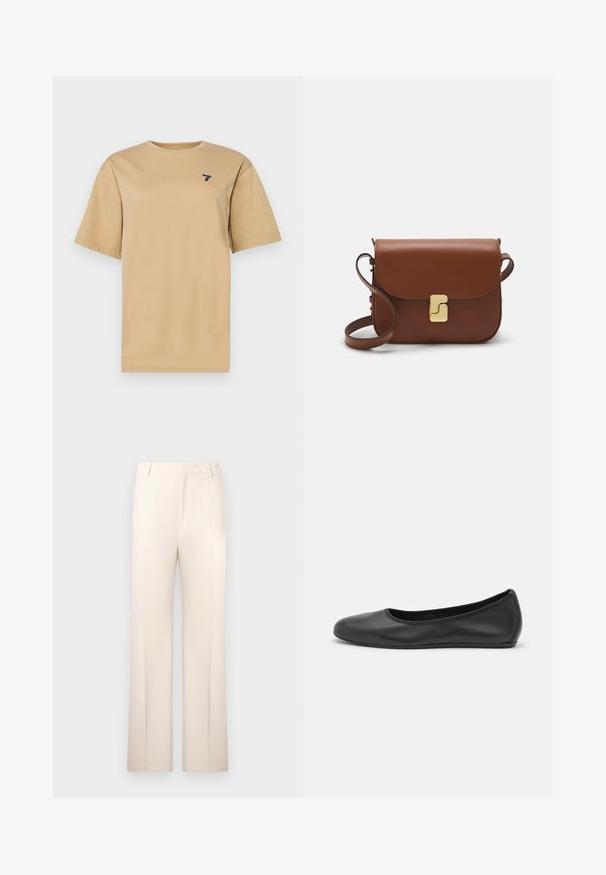 Bēšas kokvilnas T-krekls ar apaļu kakla izgriezumu un īsām piedurknēm. Uzkraŗt neliels tumši zilā krāsā '7' logo kreisajā krūtīs.; Beige izstrādāti bikses ar taisnu kāju dizainu, izgatavotas no viegla auduma. Iekļauj priekšējos plecus un klasisku jostasvietu.; Melna ādas baleta kurpe ar noapaļotu purngalu, gludu tekstūru, minimālu šuvju detalizāciju un elastīgu zoles dizainu.; Bordo ādas rokas soma ar atloku, zeltītām detaļām, plecu siksnu un gludu virsmu. Kompakta, taisnstūrveida forma.