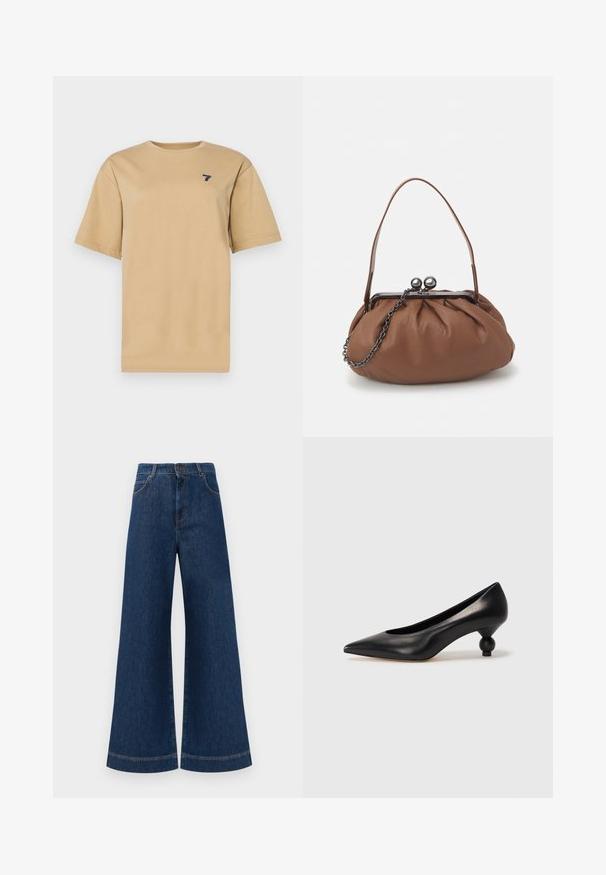 Beige puuvillane T-särk ümmarguse kaelusega ja lühikeste varrukatega. Üks vasakul rinnakorvil on väike tumesinine '7' logo.; Siniset farkut leveällä lahkeella ja korkealla vyötäröllä, jossa on nappikiinnitys, vyölenkit sekä huomaamattomat tikkaus yksityiskohdat taskuissa ja lahkeissa.; Musta nahkakengät korkealla korolla, joissa on terävä kärki ja pyöreä, pallomainen korko. Sileä pinta ja tyylikäs, minimalistinen muotoilu.; Ruskea nahkakäsilaukku, jossa on rypytetty muotoilu, lyhyt nahkahandling ja ketjuhihna. Varustettu hopeisella metallisoljella, jossa on kaksi pyöreää yksityiskohtaa.