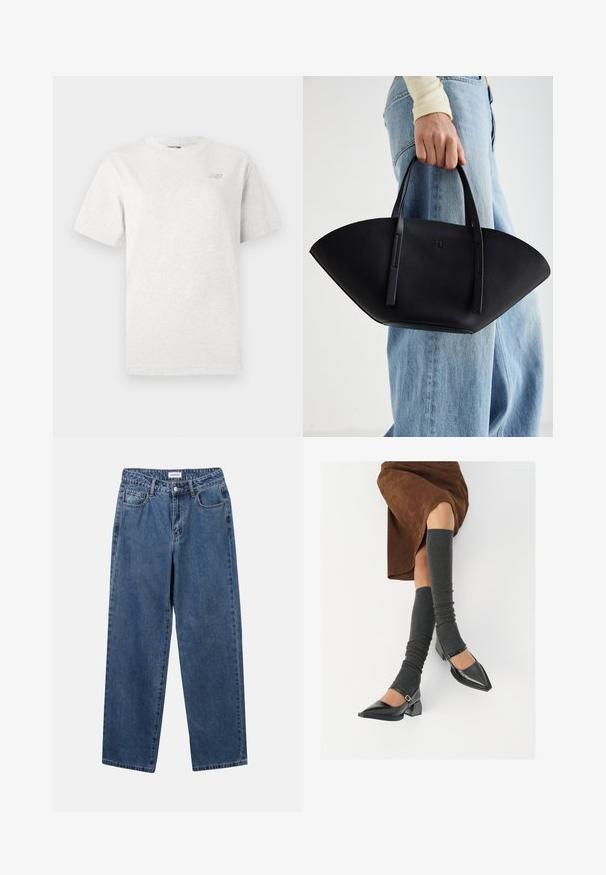 Harmaa lyhythihaisen t-paita, joka on valmistettu pehmeästä puuvillasta. Paidassa on pyöreä pääntie ja pieni logo vasemmassa rinnassa.; Classiset siniset farkut suoran lahkeen muotoilulla, viidellä taskulla ja napillakaan. Ominaisuudet: keskivahva pesu ja kestävä rakenne.; Musta lakattu nahkakengät teräväkärkisillä, leveällä kantapäällä ja nilkkahihnalla, yhdistettynä harmaisiin ribattuihin säärystimiin ja ruskeaan mokkasiinimekkoon.; Musta nahkainen käsilaukku, jossa on ainutlaatuinen tuulihattukuvio, jossa on litteät kahvat. Pinnassa on karkeapintainen rakenne ja minimalistinen muotoilu.